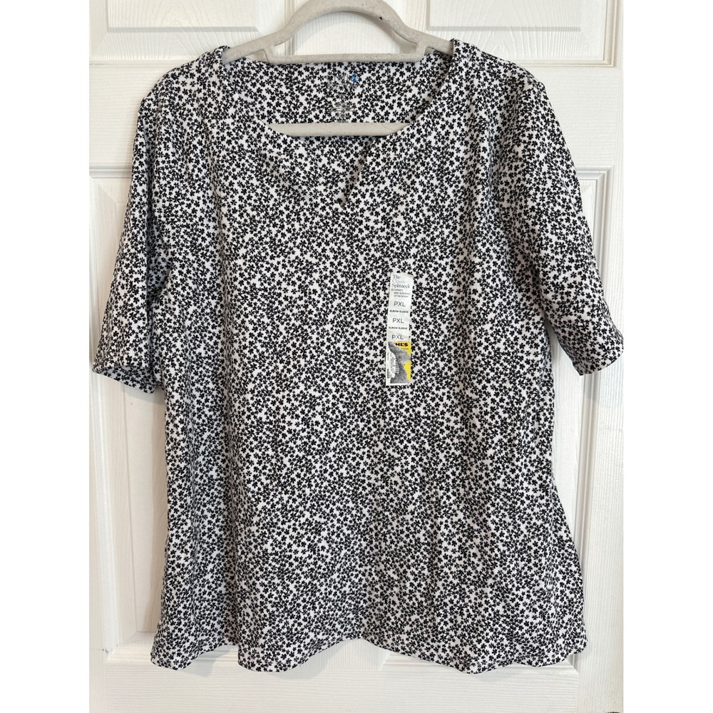 Croft & Barrow Womens PXL Black White Floral Splitneck Elbow Sleeve Cotton Top